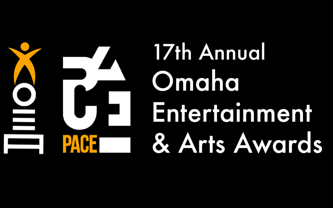 The logos of the OEAAs and PACE with the words "17th Annual Omaha Entertainment and Arts Awards." White and orange colored text on black background.