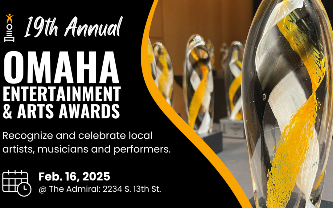 This photo shows the logo for the Omaha Entertainment & Arts Awards with the Admiral location and Feb. 16, 2025 date, paired with a photo of trophies presented at the previous year's award show. The trophies have three colors (gold, black and white) spiraling within clear glass. The three colors represent the three voting academies and genres (music, visual arts and performing arts) for the OEAA nonprofit.